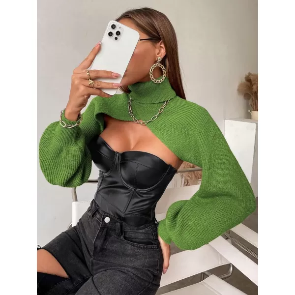 SweatyRocks Women's Lantern Sleeve Turtleneck High Neck Pullover Sweater Super Crop Top