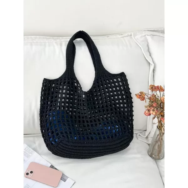 SweatyRocks Women's Large Hollow Out Shoulder Bag Knitted Crochet Mesh Shopping Tote Beach Bags