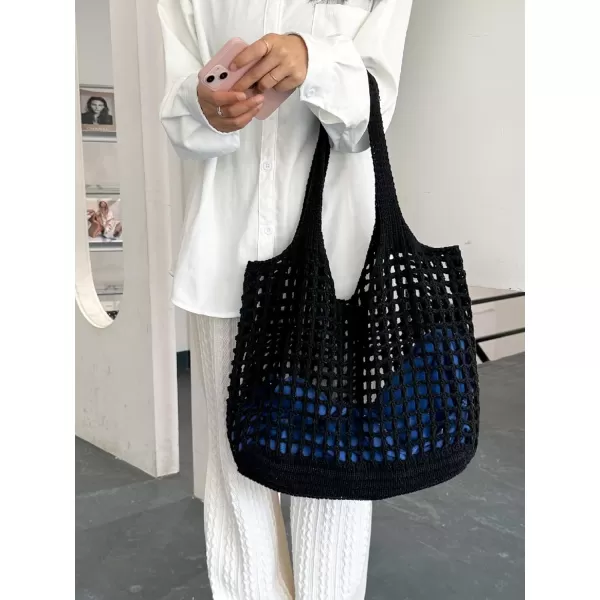 SweatyRocks Women's Large Hollow Out Shoulder Bag Knitted Crochet Mesh Shopping Tote Beach Bags