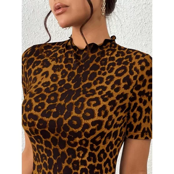 SweatyRocks Women's Leopard Print Split Hem Tee Shirt Mock Neck Short Sleeve Tunic Top