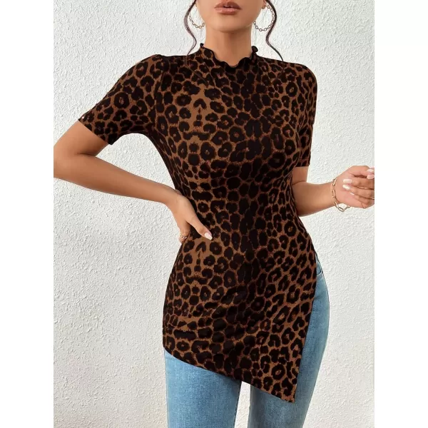 SweatyRocks Women's Leopard Print Split Hem Tee Shirt Mock Neck Short Sleeve Tunic Top