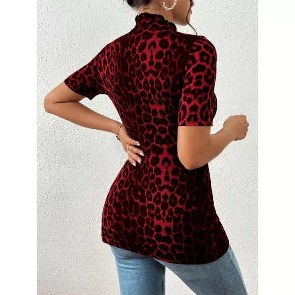 SweatyRocks Women's Leopard Print Split Hem Tee Shirt Mock Neck Short Sleeve Tunic Top