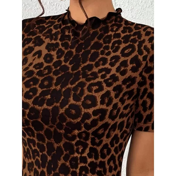 SweatyRocks Women's Leopard Print Split Hem Tee Shirt Mock Neck Short Sleeve Tunic Top