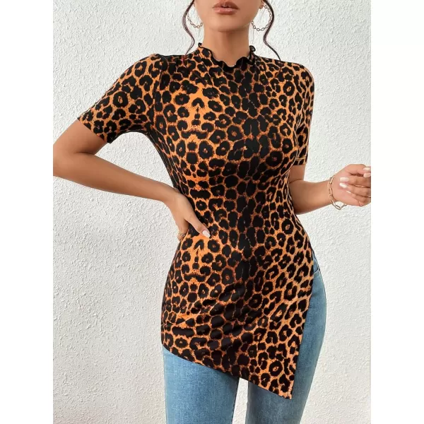 SweatyRocks Women's Leopard Print Split Hem Tee Shirt Mock Neck Short Sleeve Tunic Top