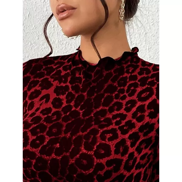 SweatyRocks Women's Leopard Print Split Hem Tee Shirt Mock Neck Short Sleeve Tunic Top