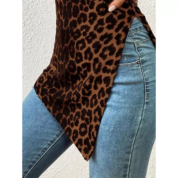 SweatyRocks Women's Leopard Print Split Hem Tee Shirt Mock Neck Short Sleeve Tunic Top