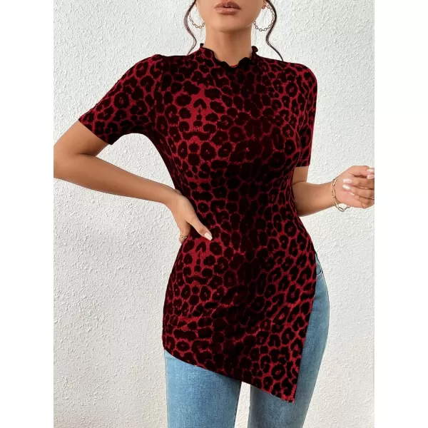SweatyRocks Women's Leopard Print Split Hem Tee Shirt Mock Neck Short Sleeve Tunic Top