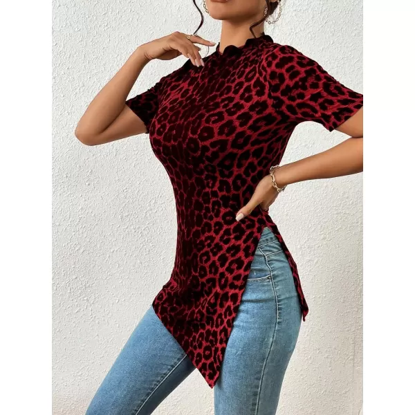 SweatyRocks Women's Leopard Print Split Hem Tee Shirt Mock Neck Short Sleeve Tunic Top