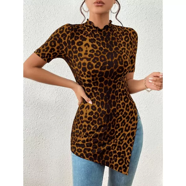 SweatyRocks Women's Leopard Print Split Hem Tee Shirt Mock Neck Short Sleeve Tunic Top