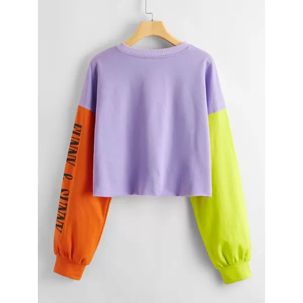 SweatyRocks Women's Letter Print Color Block Crop Sweatshirt Long Sleeve Pullover Tops