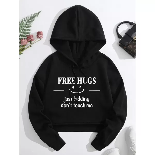 SweatyRocks Women's Letter Print Long Sleeve Drop Shoulder Pocket Front Drawstring Hooded Sweatshirts