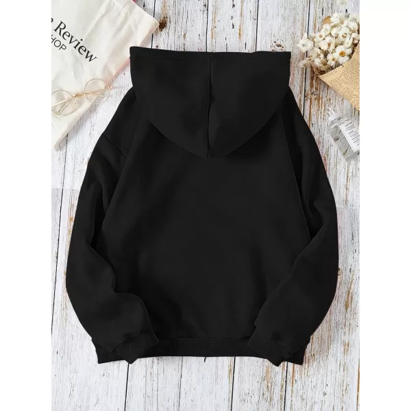 SweatyRocks Women's Letter Print Long Sleeve Drop Shoulder Pocket Front Drawstring Hooded Sweatshirts