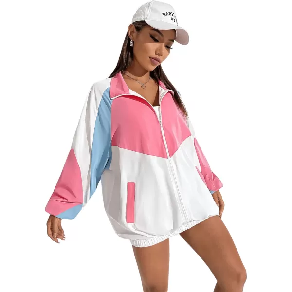 SweatyRocks Women's Lightweight Windbreaker Patchwork Zipper Sport Jacket Coat Outerwear