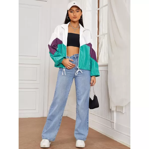 SweatyRocks Women's Lightweight Windbreaker Patchwork Zipper Sport Jacket Coat Outerwear