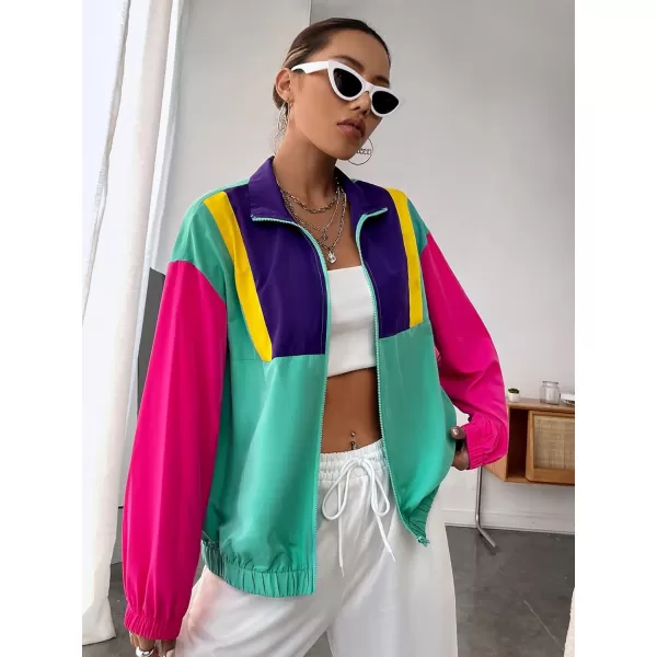 SweatyRocks Women's Lightweight Windbreaker Patchwork Zipper Sport Jacket Coat Outerwear