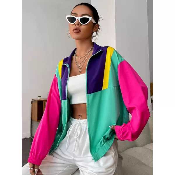 SweatyRocks Women's Lightweight Windbreaker Patchwork Zipper Sport Jacket Coat Outerwear