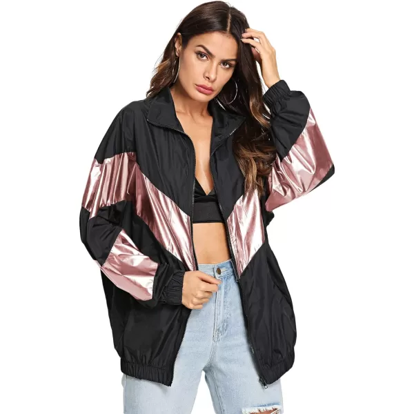 SweatyRocks Women's Lightweight Windbreaker Patchwork Zipper Sport Jacket Coat Outerwear