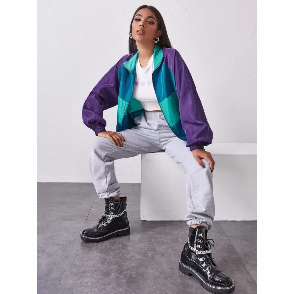 SweatyRocks Women's Lightweight Windbreaker Patchwork Zipper Sport Jacket Coat Outerwear