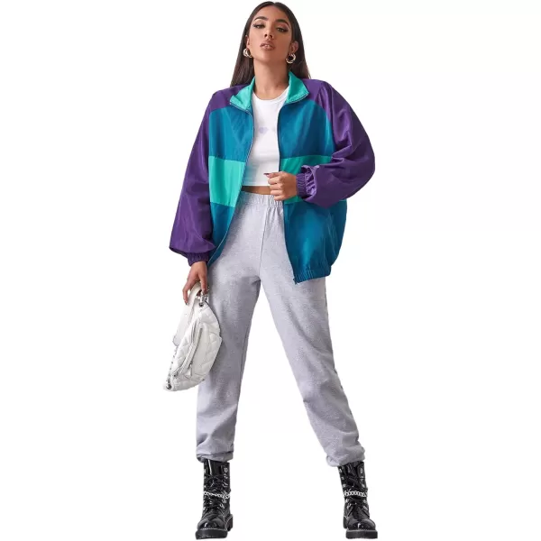 SweatyRocks Women's Lightweight Windbreaker Patchwork Zipper Sport Jacket Coat Outerwear