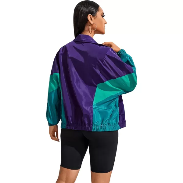 SweatyRocks Women's Lightweight Windbreaker Patchwork Zipper Sport Jacket Coat Outerwear