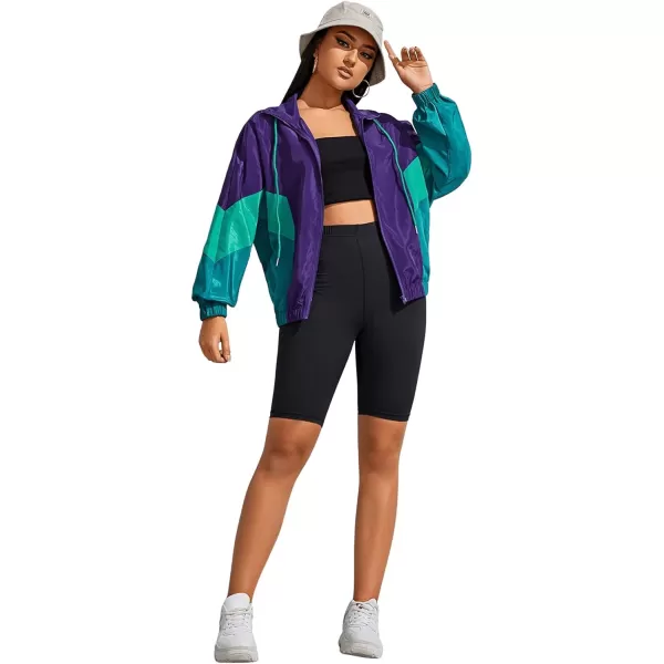SweatyRocks Women's Lightweight Windbreaker Patchwork Zipper Sport Jacket Coat Outerwear