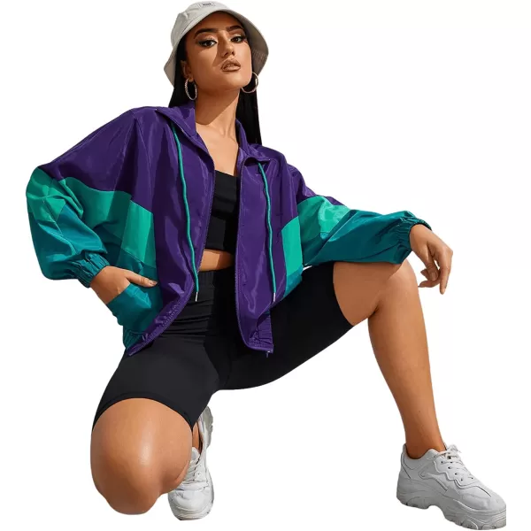 SweatyRocks Women's Lightweight Windbreaker Patchwork Zipper Sport Jacket Coat Outerwear