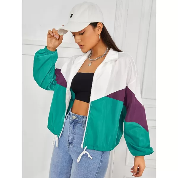 SweatyRocks Women's Lightweight Windbreaker Patchwork Zipper Sport Jacket Coat Outerwear