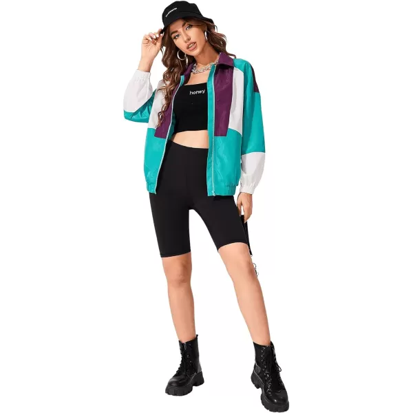 SweatyRocks Women's Lightweight Windbreaker Patchwork Zipper Sport Jacket Coat Outerwear