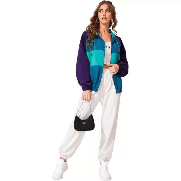 SweatyRocks Women's Lightweight Windbreaker Patchwork Zipper Sport Jacket Coat Outerwear