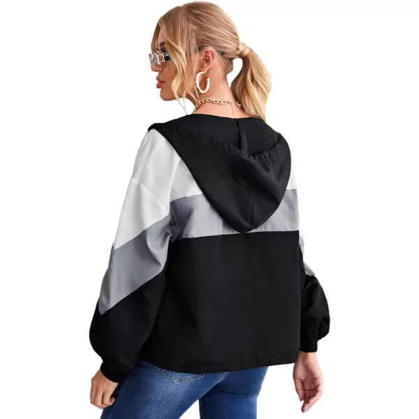 SweatyRocks Women's Lightweight Windbreaker Patchwork Zipper Sport Jacket Coat Outerwear