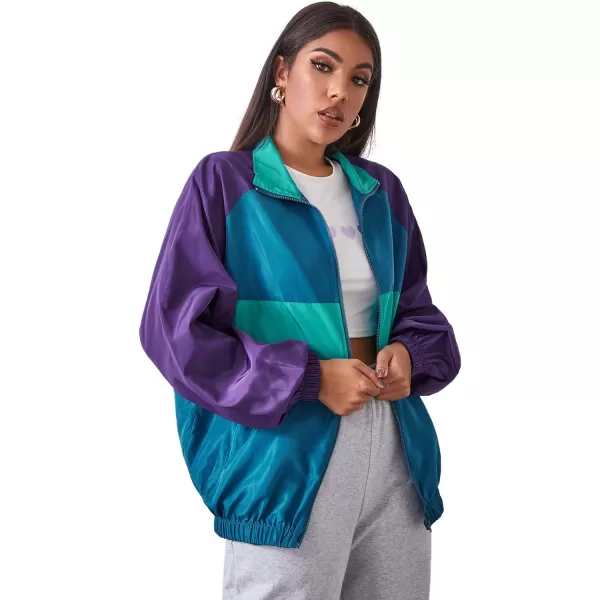 SweatyRocks Women's Lightweight Windbreaker Patchwork Zipper Sport Jacket Coat Outerwear