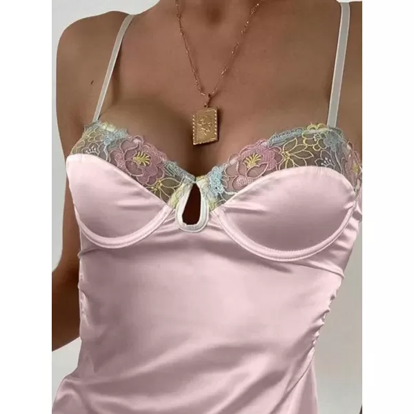 SweatyRocks Women's Lingerie Lace Trim Satin Silk Nightgown Sleepwear Dress