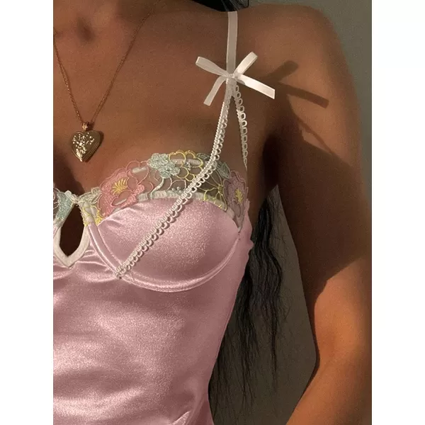SweatyRocks Women's Lingerie Lace Trim Satin Silk Nightgown Sleepwear Dress