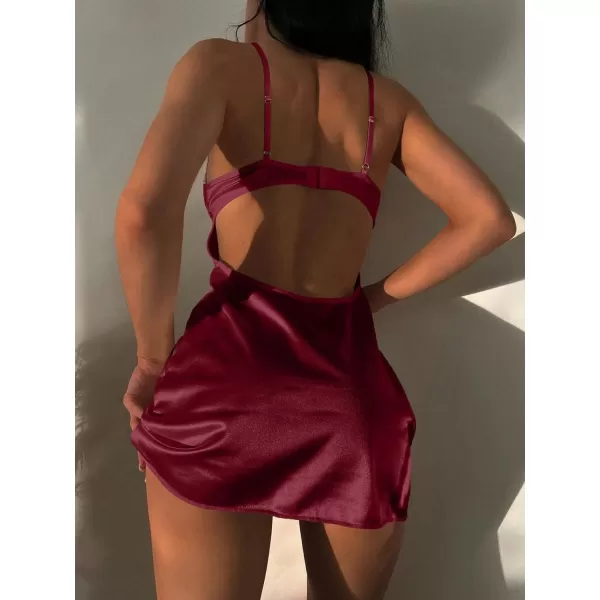 SweatyRocks Women's Lingerie Lace Trim Satin Silk Nightgown Sleepwear Dress