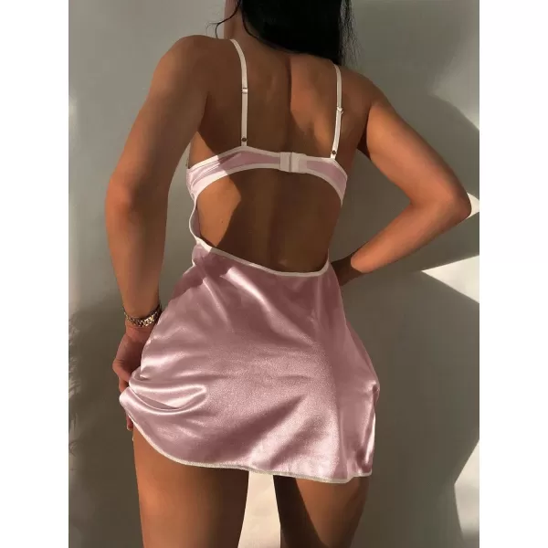 SweatyRocks Women's Lingerie Lace Trim Satin Silk Nightgown Sleepwear Dress