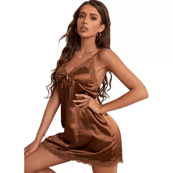 SweatyRocks Women's Lingerie Lace Trim Satin Silk Nightgown Sleepwear Dress