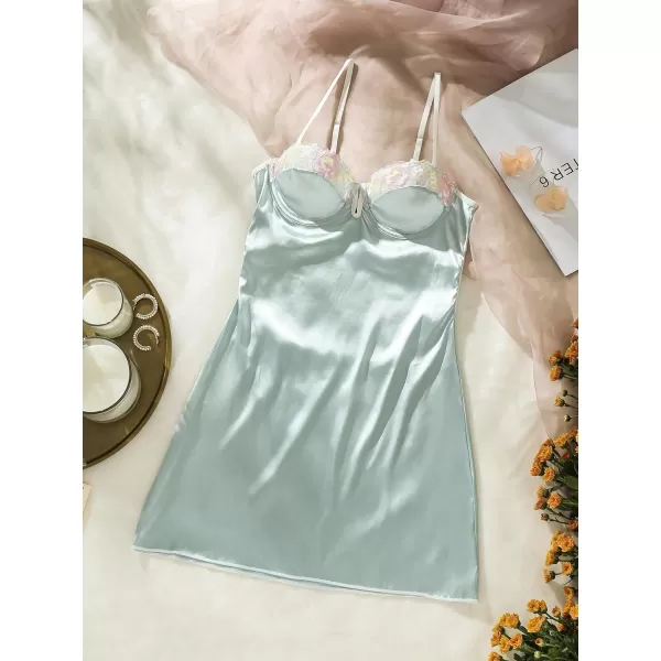 SweatyRocks Women's Lingerie Lace Trim Satin Silk Nightgown Sleepwear Dress