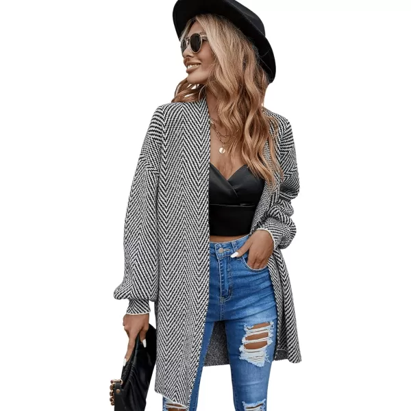 SweatyRocks Women's Long Lantern Sleeve Chevron Print Open Front Cardigan Sweater