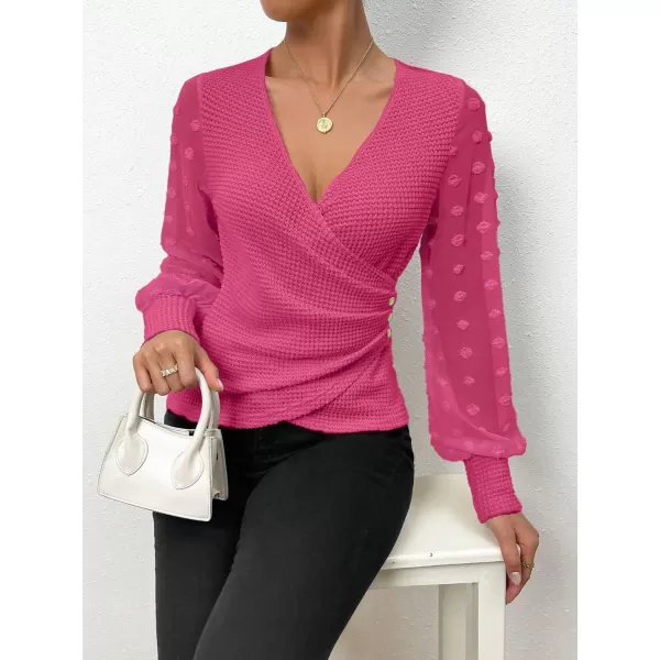 SweatyRocks Women's Long Lantern Sleeve V Neck Wrap Top Swiss Dots Slim Fit Knitted Blouse Shirt