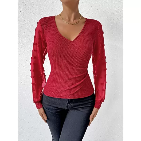 SweatyRocks Women's Long Lantern Sleeve V Neck Wrap Top Swiss Dots Slim Fit Knitted Blouse Shirt