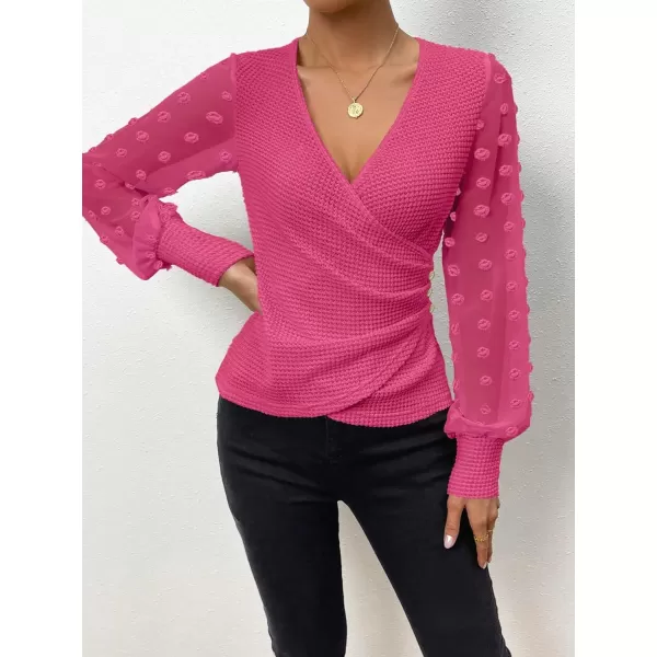 SweatyRocks Women's Long Lantern Sleeve V Neck Wrap Top Swiss Dots Slim Fit Knitted Blouse Shirt
