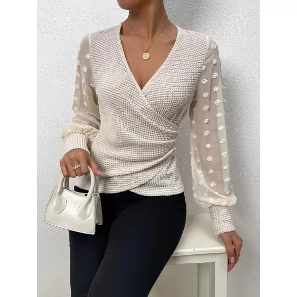 SweatyRocks Women's Long Lantern Sleeve V Neck Wrap Top Swiss Dots Slim Fit Knitted Blouse Shirt