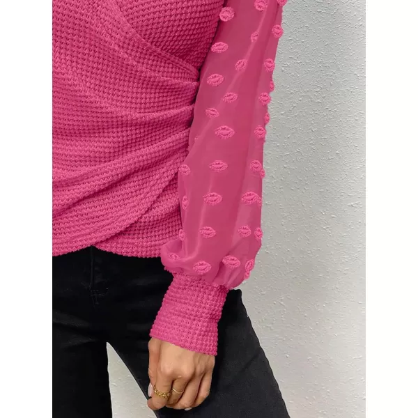 SweatyRocks Women's Long Lantern Sleeve V Neck Wrap Top Swiss Dots Slim Fit Knitted Blouse Shirt