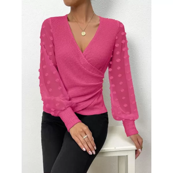 SweatyRocks Women's Long Lantern Sleeve V Neck Wrap Top Swiss Dots Slim Fit Knitted Blouse Shirt