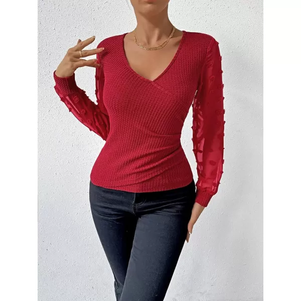 SweatyRocks Women's Long Lantern Sleeve V Neck Wrap Top Swiss Dots Slim Fit Knitted Blouse Shirt