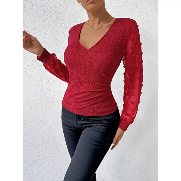 SweatyRocks Women's Long Lantern Sleeve V Neck Wrap Top Swiss Dots Slim Fit Knitted Blouse Shirt
