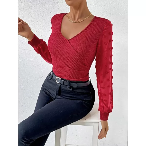 SweatyRocks Women's Long Lantern Sleeve V Neck Wrap Top Swiss Dots Slim Fit Knitted Blouse Shirt
