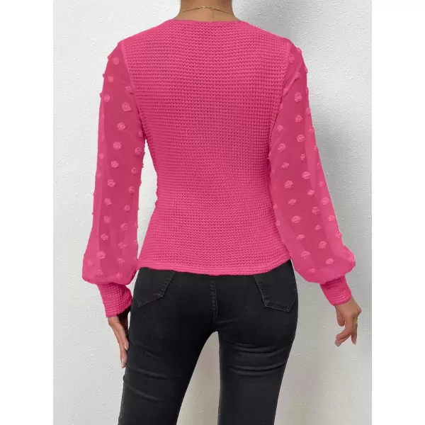SweatyRocks Women's Long Lantern Sleeve V Neck Wrap Top Swiss Dots Slim Fit Knitted Blouse Shirt