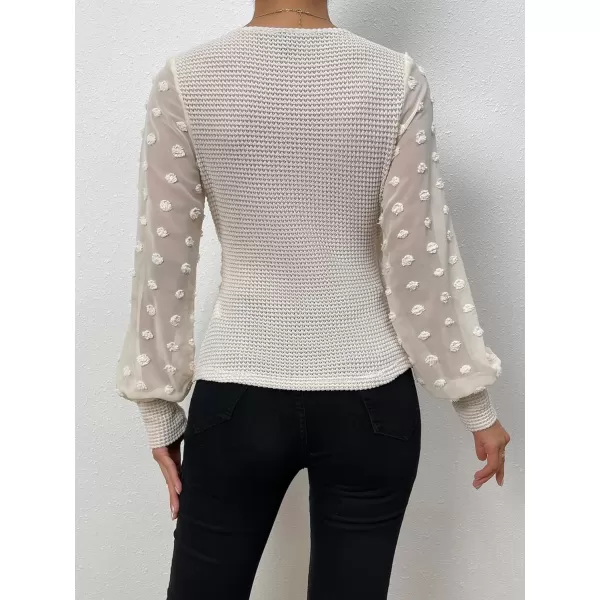 SweatyRocks Women's Long Lantern Sleeve V Neck Wrap Top Swiss Dots Slim Fit Knitted Blouse Shirt