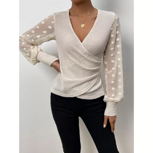 SweatyRocks Women's Long Lantern Sleeve V Neck Wrap Top Swiss Dots Slim Fit Knitted Blouse Shirt